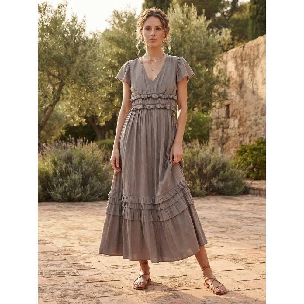 Grade & Gather Maxi Dress M Tiered Satin Taupe Ruffle Flutter Short Sleeve Boho
